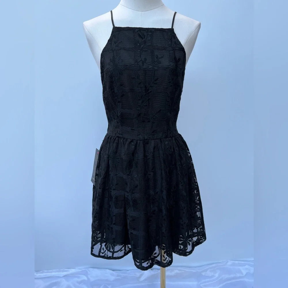 BEBE Black Embroidered Mesh Fit & Flare Mini Dress – Crisscross Back – Size 6 - Picture 4 of 16